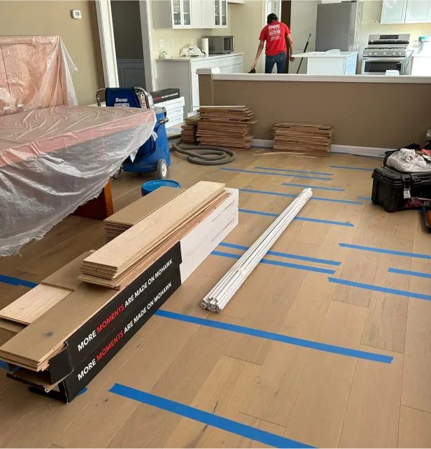 Installation in progress with materials staged